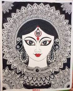 a drawing of a woman's face in black and white with intricate designs on it