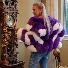 Oh My Gosh This Coat Is So Amazing! Super Plush Fox Fur Dyed In Intense Purple, Offset By Pure Arctic White. Suede Panels Divide The Alternating Colors Of Fox Pelts, Creating The Diagonal Rolls. It's A Joy To Wear With Its Long Nap Hairs And Thick Underfur. Perfect Condition-New With Tags. Interior Satin-Like Lining Is Jet Black With Gorgeous Custom Contrasting Stiching. Black Leather Trimms Out The Front Opening And Along The Neckline. Zipper Closure. Side Pockets. Size Tag Says Large, But Woul Faux Fur Hooded Jacket, Gold Blazer, Lace Blazer, Navy Blue Jacket, Cropped Zip Up, Duck Down Jacket, Knitted Hood, Fox Fur Coat, Belted Jacket