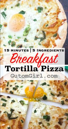 breakfast tortilla pizza with eggs and spinach on top, cut into four slices