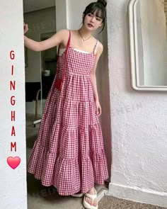 Red gingham style spaghetti dress with layers for a youthful look Gingham Outfit Aesthetic, Korean Frocks, Old Money Princess, Gingham Dress Outfit, Red Picnic, Sewing Machine Beginner, Red Gingham Dress, Gingham Outfit, Modest Girly Outfits