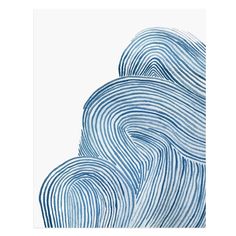 an abstract blue and white painting with wavy lines in the shape of waves on a white background