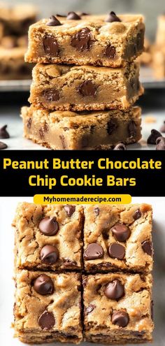 peanut butter chocolate chip cookie bars stacked on top of each other with the title above it