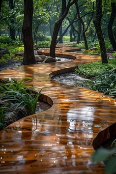 a wooden walkway in the middle of a forest with water flowing down it's sides