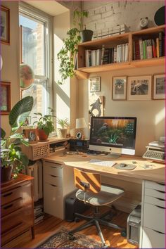 a desk with a computer on top of it in front of a window filled with potted plants