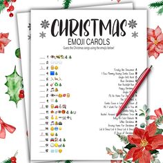 christmas emoj carols worksheet with red poinsettis and holly