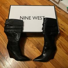 Black Wedge Boot Black Wedge Boots With Medium Width, Black Wedge Boots Medium Width, Chic Synthetic Wedge Heel Boots, Chic Synthetic Wedge Boots With Pointed Toe, Chic Leather Wedge Sneakers, Black Wedge Boots, Black Wedge, Nine West Shoes, Shoes Heels Boots