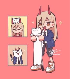 an anime character is holding a cat