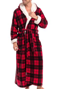 Red Black Plaid with Cream Womens Robes Long, Robe With Hood, Bedtime Outfit, Winter Robes, Plus Size Robes, Red Buffalo Check, Fleece Robe, Lounge Robes, One Piece Clothing