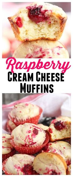 raspberry cream cheese muffins stacked on top of each other with the title