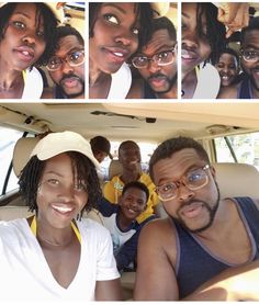 a group of people sitting in the back of a car with one person taking a selfie