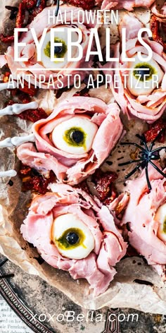 an advertisement for halloween eyeballs and other foods on a platter with text overlay