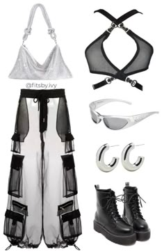 Black And Silver Outfit Aesthetic, Black And Silver Aesthetic Outfit, Techno Inspired Outfit, Black And White Festival Outfit, Silver Festival Outfit, Coachella Outfit Aesthetic, Techno Outfit Rave, Edgy Festival Outfit