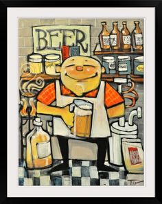 a painting of a man holding a beer in front of a counter with bottles on it