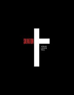 the words salvation are written in red and white on a black background with a cross