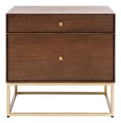 a brown and gold nightstand with two drawers on one side, the other is open