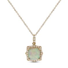 A fascinating cushion-cut opal is framed in dazzling round diamonds on this beautiful necklace for her. More round diamonds adorn the bail for added sparkle. Crafted in 10K yellow gold, the necklace has a total diamond weight of 1/8 carat. The pendant sways from an 18-inch cable chain that secures with a lobster clasp. Necklace For Her, Accessories Jewelry Necklace, Beautiful Necklace, Fine Jewellery Necklace, Cushion Cut, Cable Chain, Earings Piercings, Beautiful Necklaces, Lobster Clasp