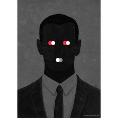 a man in a suit with red eyes on his face and the image is black