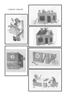 four pictures showing the different stages of constructing a house with bricks and mortars on it