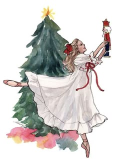 a watercolor painting of a girl in front of a christmas tree holding a nutcracker