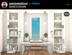 this is a rendering of a bathroom with white walls and wood flooring, along with open shelving