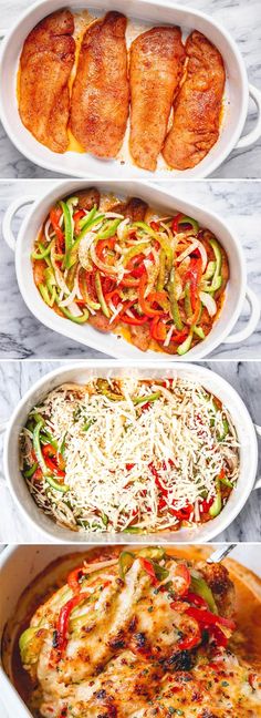 four different types of casserole in white dishes on a marble counter top, one with chicken and the other topped with vegetables