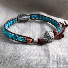 Sundance Style, Leather Artisan, Kingman Turquoise, Turquoise Gemstone, Silver Beads, Leather Bracelet, Beaded Bracelets, Turquoise, Bracelet