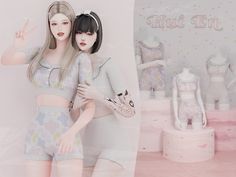 two female mannequins are standing in front of a wall with pink and white decorations