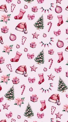 a pink christmas pattern with presents and ornaments