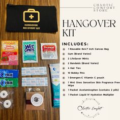 the hangover kit includes toiletries and other items