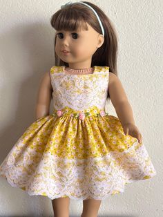 My doll is modeling this stunning pretty in yellow floral Special Occasion dress.   Perfect for Maryellen, molly, Ruthie, Kit, or your, My American Girl Doll of today. special holiday festivities dress. The dress is made from cotton fabric. The bodice is fully lined in white fabric, The skirt falls to the lower knee and is adorned with beautiful scalloped white lace, Doll, shoes, and stockings are not included. The dress closes in the back with Velcro.  My dresses are happily made in a smoke free environment. Modern Clothing, Costume Patterns, Crochet Doll Clothes, Special Occasion Dress, Doll Stuff, Christmas Sewing