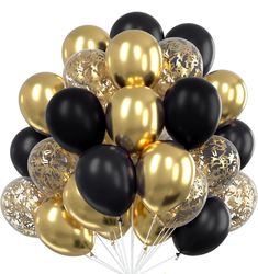 a bunch of black and gold balloons