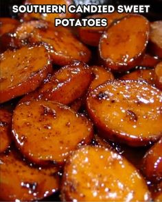 there are some sweet potatoes in the pan with brown sauce on them and text that says, southern candied sweet potatoes