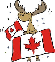 a moose is sitting on top of a canadian flag and waving it's antlers