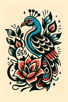 a colorful bird with flowers on it's back and the word love written in black ink