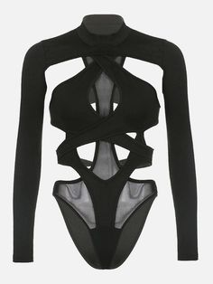 Cross Cutout Straps Long Sleeve Jumpsuit - Anagoc Body Transparent, Bodycon Tops, Cutout Bodysuit, Festival Clothing, Rave Festival, Top Streetwear, Bodysuit Lingerie, High Neck Long Sleeve, Long Sleeve Jumpsuit