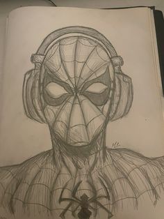 a drawing of a spider man with headphones on his ears and eyes, in pencil