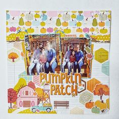 a scrapbook page with an image of two people sitting on a bench and pumpkin patch