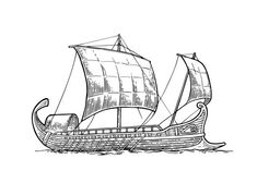 an old sailing ship with sails on the water, vintage line drawing or engraving illustration