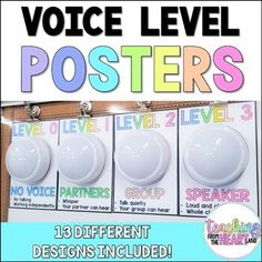 there is a poster with words and pictures on the wall in front of it that says, voice level posters