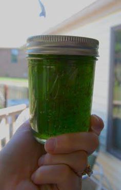 a person holding up a jar filled with green liquid