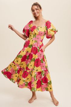 -Color: Fuchsia/Flower Print -Flower print puff sleeve tiered midi dress -Square neck with elastic -Smocking on back -Puff sleeve with elastic cuffs -Tiered skirt -Hidden side seam pockets -Finished with clean hem -Lined -Content: 100% Cotton -Model is 5' 9" 33-24-34 and wearing a size Small Flower Print Midi Dress, Kids Kimono, Trendy Work Outfit, Paradise Dress, Fuchsia Flower, Plus Size Romper, Print Midi Dress, Tiered Midi Dress, Flattering Dresses