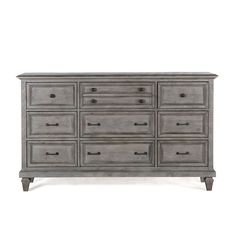 a large gray dresser with many drawers and drawers on it's sides, against a white background