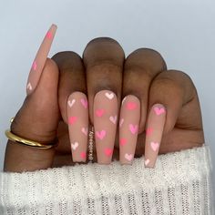 Sweetheart is a simply cute nude based nail set with hand painted pink assorted hearts. Perfect set for date nights and Valentine’s Day! Can be finished glossy or matte. Shape shown: Long Coffin Matt Valentine Nails, Matte Valentines Nails, Candy Heart Nails, Valentines Day Nails Coffin, Sweetheart Nails, Matte Acrylic Nails, Bday Nails, Nail Paints, Glitter French Tips