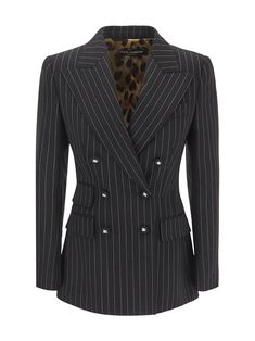 Dolce & Gabbana jacket in black virgin wool with thin stripes. The item is featured by a double-breast closure, lapel collar and logo buttons. Composition: 3% Elastane, 97% Virgin Wool Dolce Gabbana Jacket, Feminine Chic, Stefano Gabbana, Black Formal, Glamorous Dresses, Dolce E Gabbana, Tailored Suits, Lapel Collar, Luxury Retail