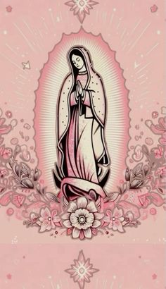 an image of the virgin mary in pink and white