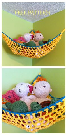 two pictures of stuffed animals in a hammock hanging on the wall with text overlay that says free pattern