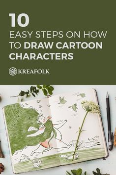 an open book with the title 10 easy steps on how to draw cartoon characters