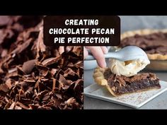 chocolate pecan pie with ice cream being spooned into it and then topped with whipped cream