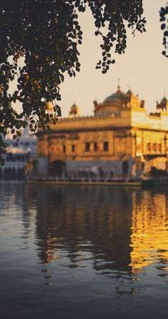 the golden building is reflected in the water