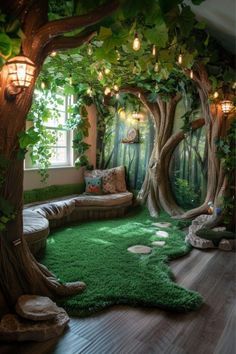 a living room decorated with fake trees and green carpeted flooring in front of a window